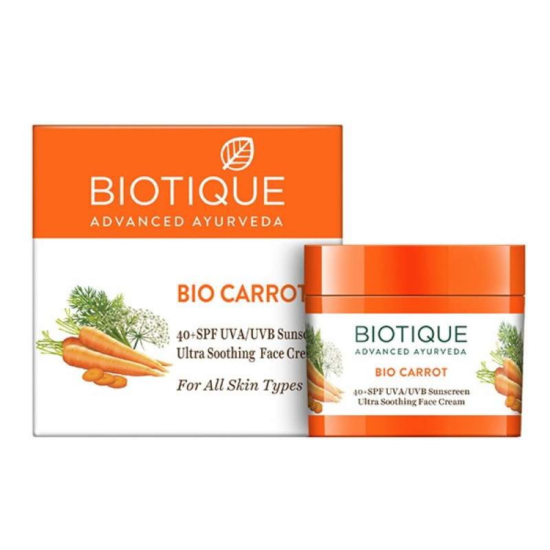 Крем для лица солнцезащитный SPF40+ успокаивающий Биотик Био Морковь (Biotique Bio Carrot 40+ SPF Sunscreen Ultra Soothing Face Cream)